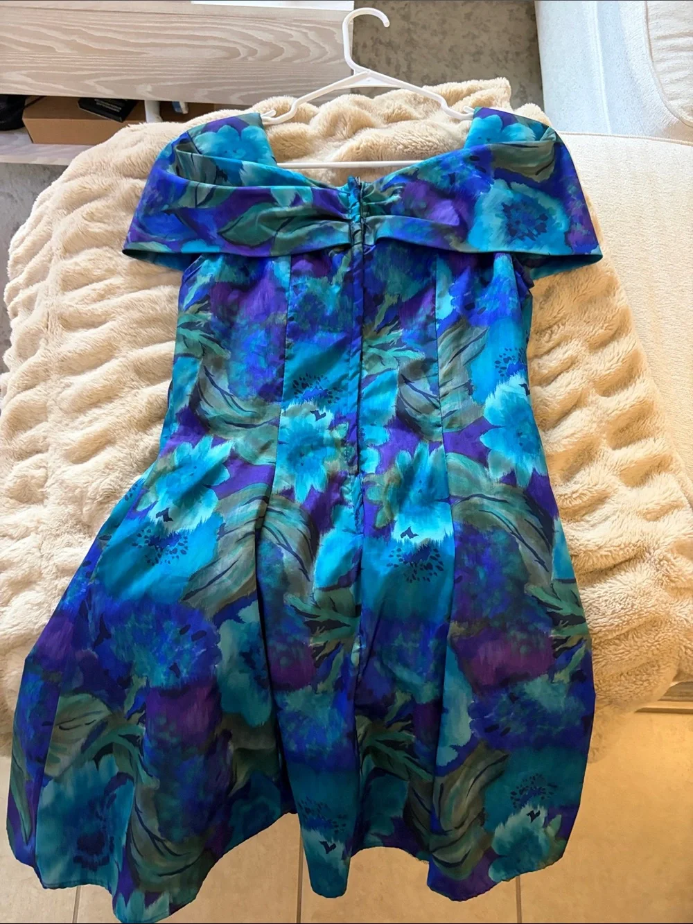 Floral Off-Shoulder Blue & Teal Fit-and-Flare Dress